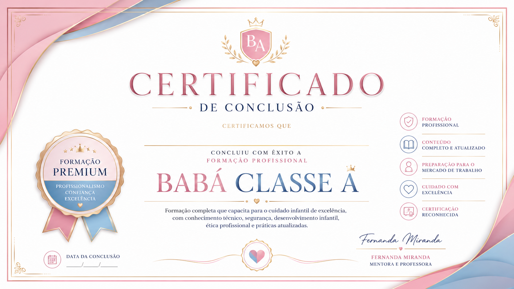 Certificado de Conclusão Babá Classe A — Fernanda Miranda